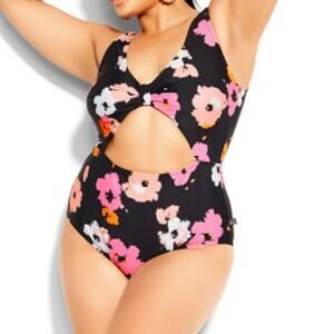 NWT City Chic Izzy black floral Print 1 Piece middle cut out monokini Swimsuit